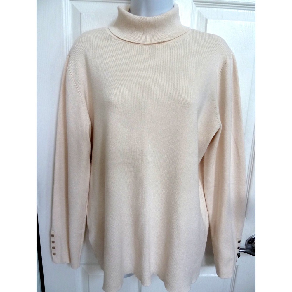 Chico's Size 3 XL Turtleneck Sweater Off-White Ribbed Button Cuff Pullover